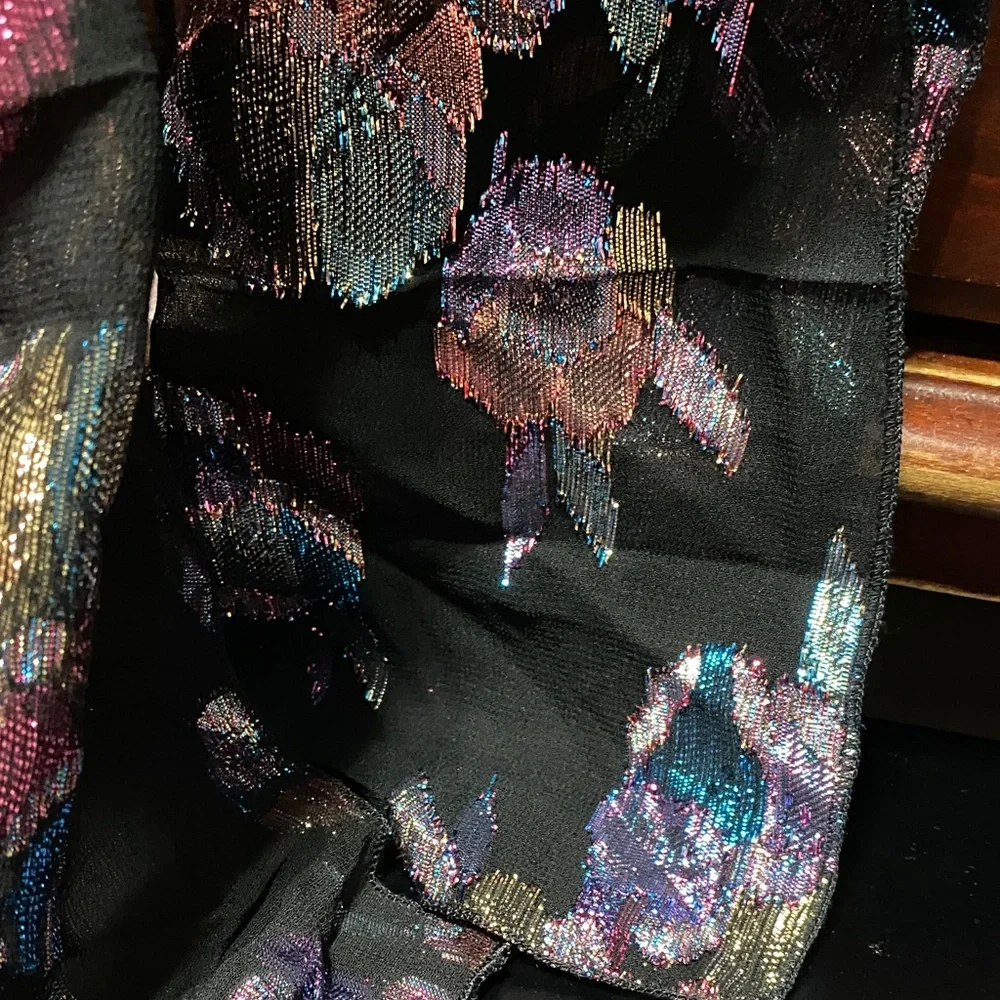 Vintage Amanda Smith 58” x 9” Multi color metallic black Floral Patterned Scarf